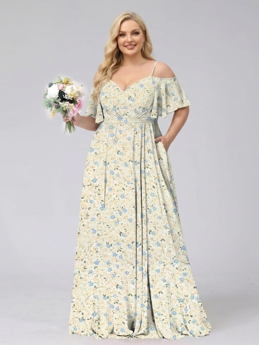 A-Line/Princess Cold Shoulder Short Sleeves Ruched Plus Size Floral Bridesmaid Dresses Yellow