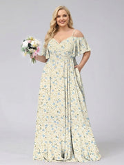 A-Line/Princess Cold Shoulder Short Sleeves Ruched Plus Size Floral Bridesmaid Dresses Yellow