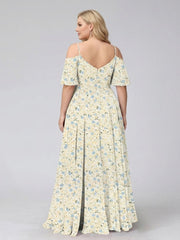 A-Line/Princess Cold Shoulder Short Sleeves Ruched Plus Size Floral Bridesmaid Dresses