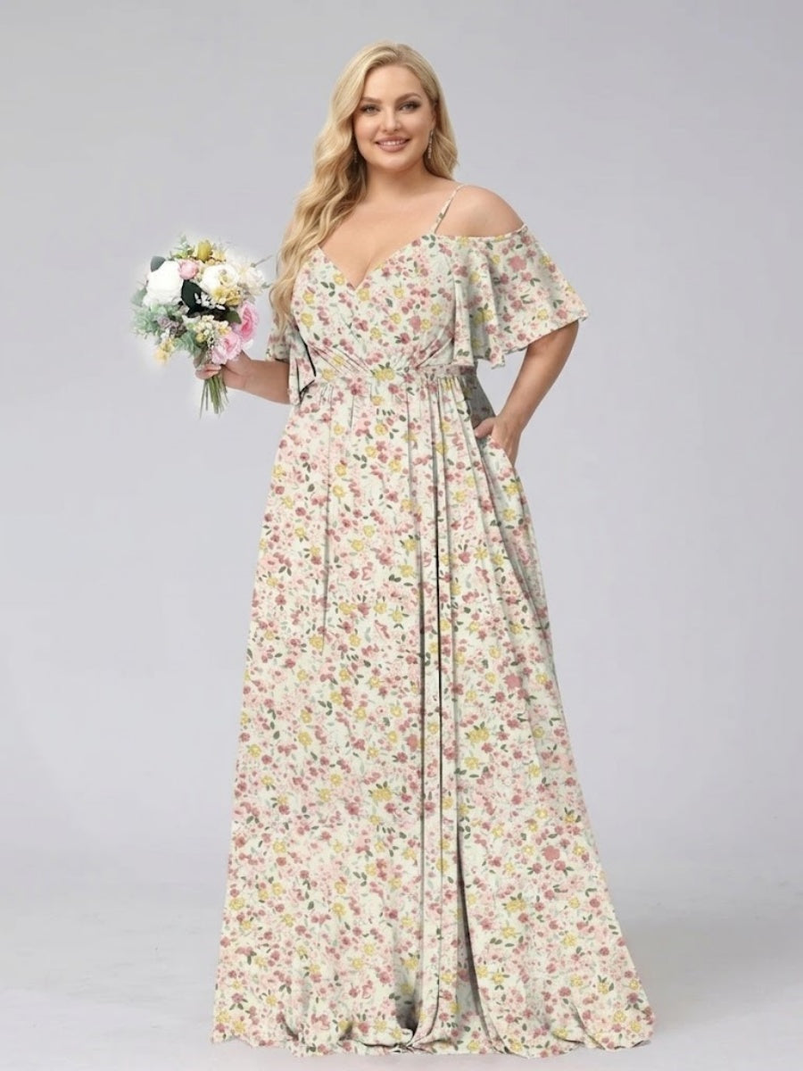 A-Line/Princess Cold Shoulder Short Sleeves Ruched Plus Size Floral Bridesmaid Dresses Pink