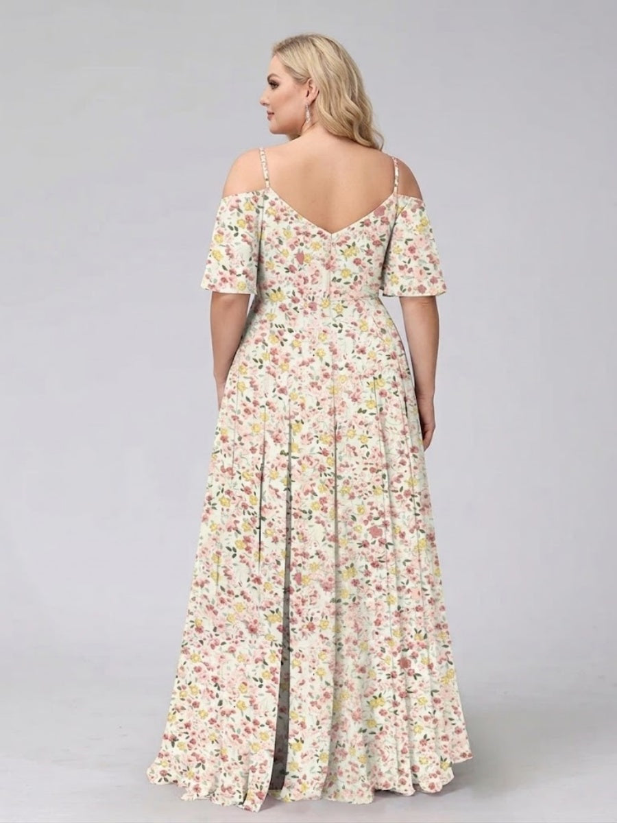 A-Line/Princess Cold Shoulder Short Sleeves Ruched Plus Size Floral Bridesmaid Dresses