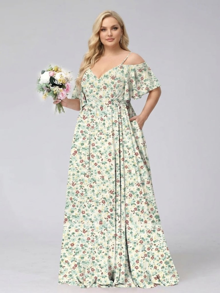 A-Line/Princess Cold Shoulder Short Sleeves Ruched Plus Size Floral Bridesmaid Dresses Green