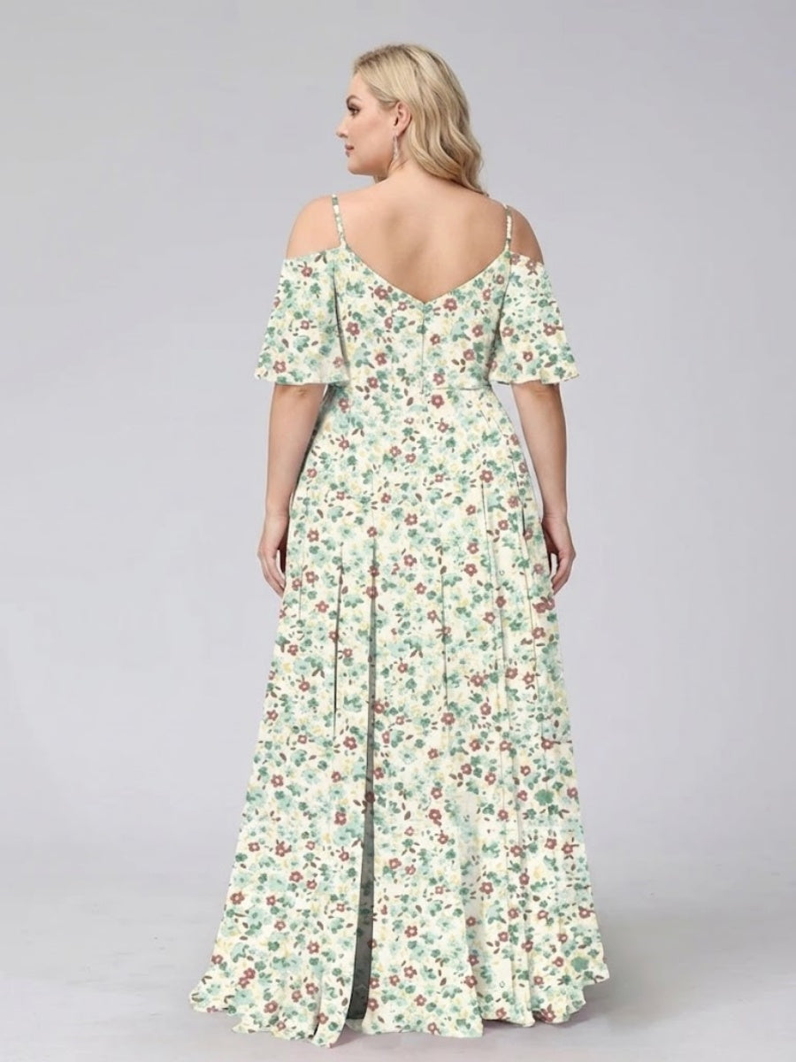 A-Line/Princess Cold Shoulder Short Sleeves Ruched Plus Size Floral Bridesmaid Dresses