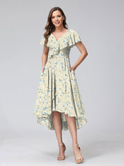 A-Line/Princess V-Neck Short Sleeves Ruffles Floral Bridesmaid Dresses Yellow