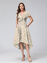 A-Line/Princess V-Neck Short Sleeves Ruffles Floral Bridesmaid Dresses Pink