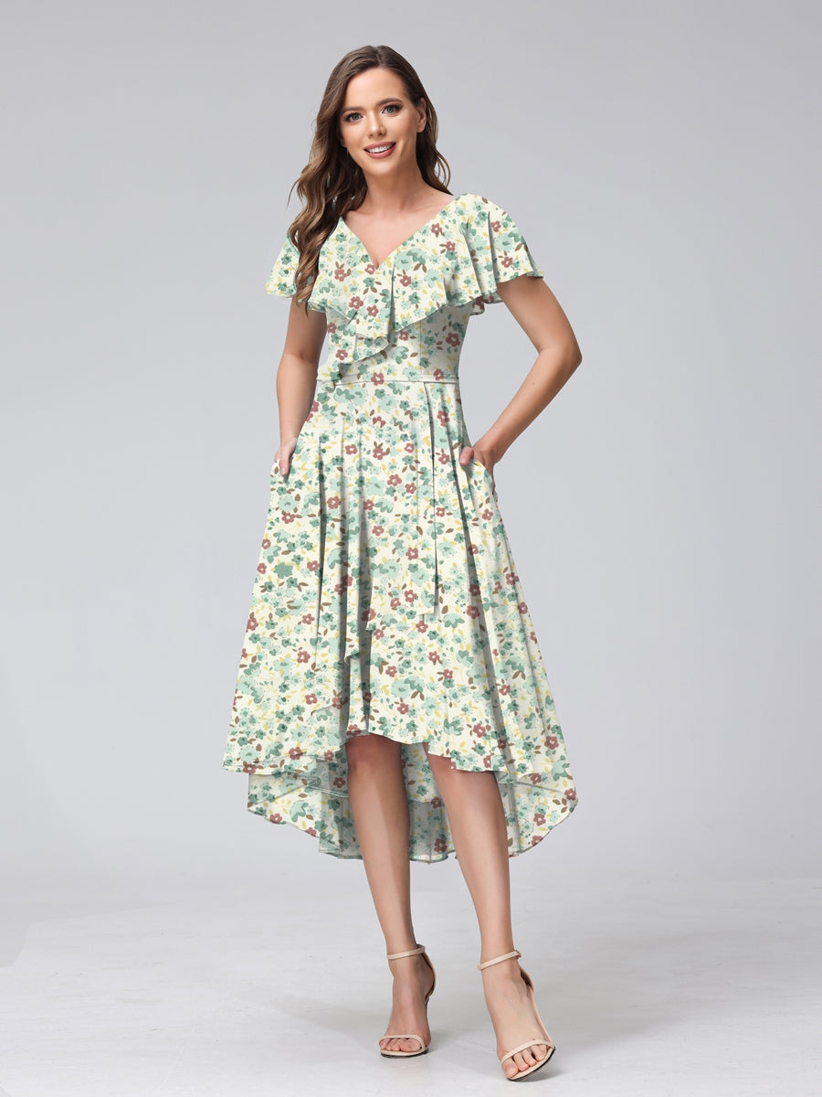 A-Line/Princess V-Neck Short Sleeves Ruffles Floral Bridesmaid Dresses Green