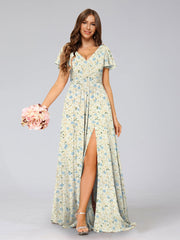 A-Line/Princess V-Neck Short Sleeves Split Side Floral Bridesmaid Dresses Yellow