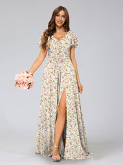 A-Line/Princess V-Neck Short Sleeves Split Side Floral Bridesmaid Dresses Pink