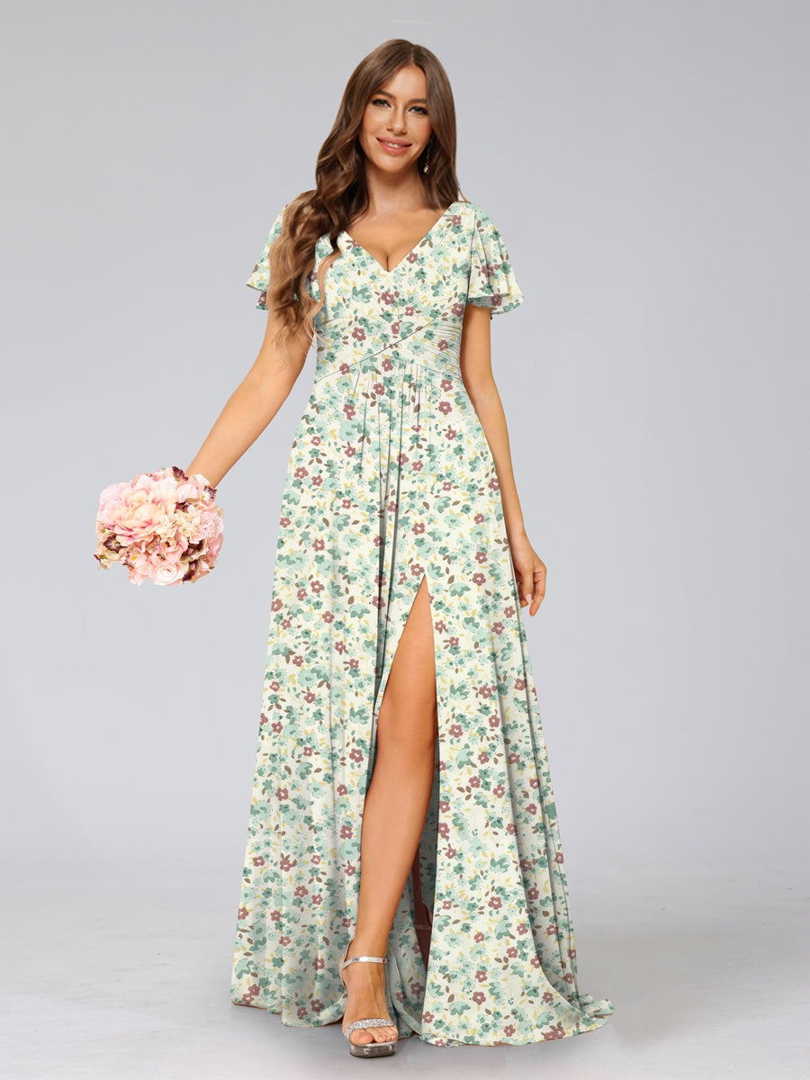 A-Line/Princess V-Neck Short Sleeves Split Side Floral Bridesmaid Dresses Green
