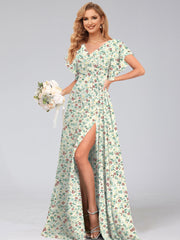 A-Line/Princess V-Neck Short Sleeves Watteau Train Floral Bridesmaid Dresses Green