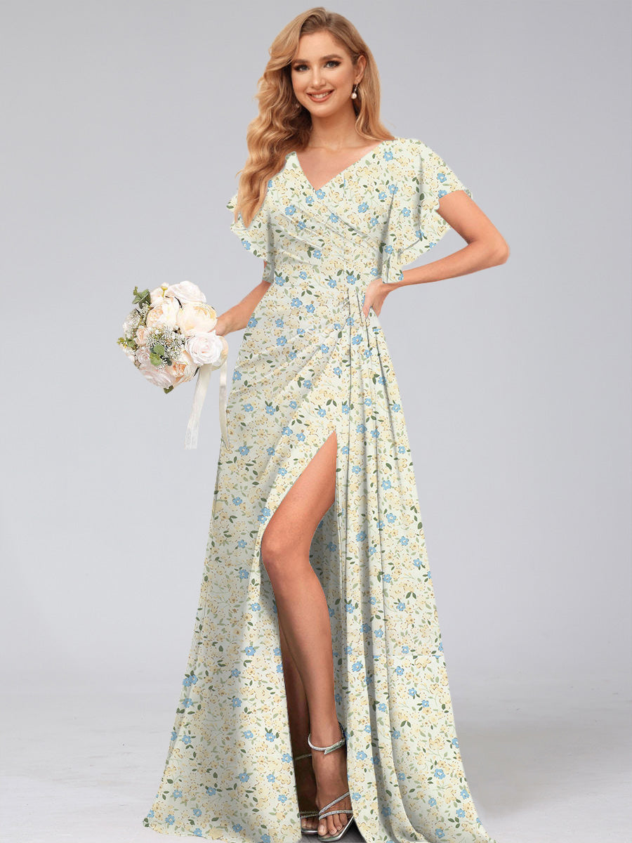 A-Line/Princess V-Neck Short Sleeves Watteau Train Floral Bridesmaid Dresses Yellow
