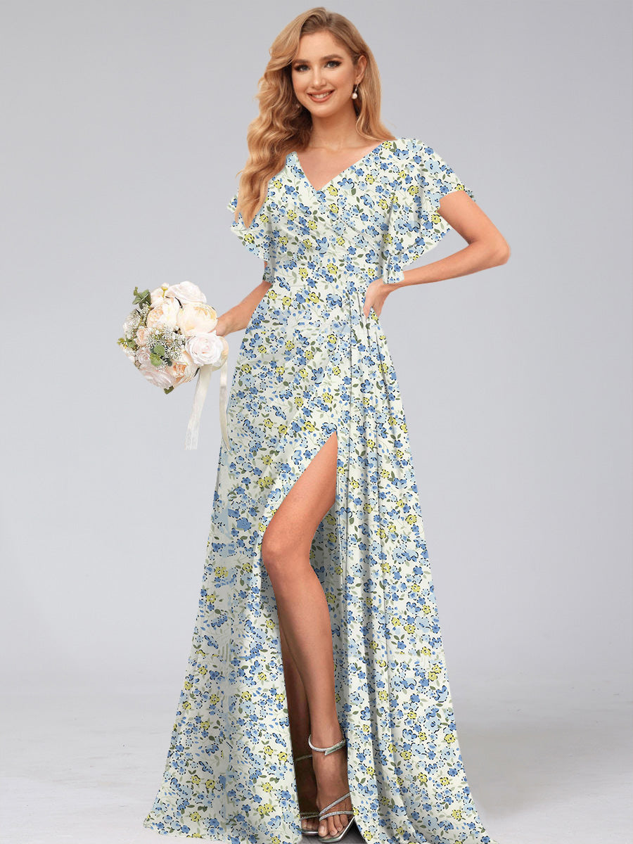 A-Line/Princess V-Neck Short Sleeves Watteau Train Floral Bridesmaid Dresses Blue