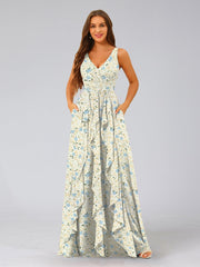 A-Line/Princess V-Neck Sleeveless Ruffles Floral Bridesmaid Dresses Yellow