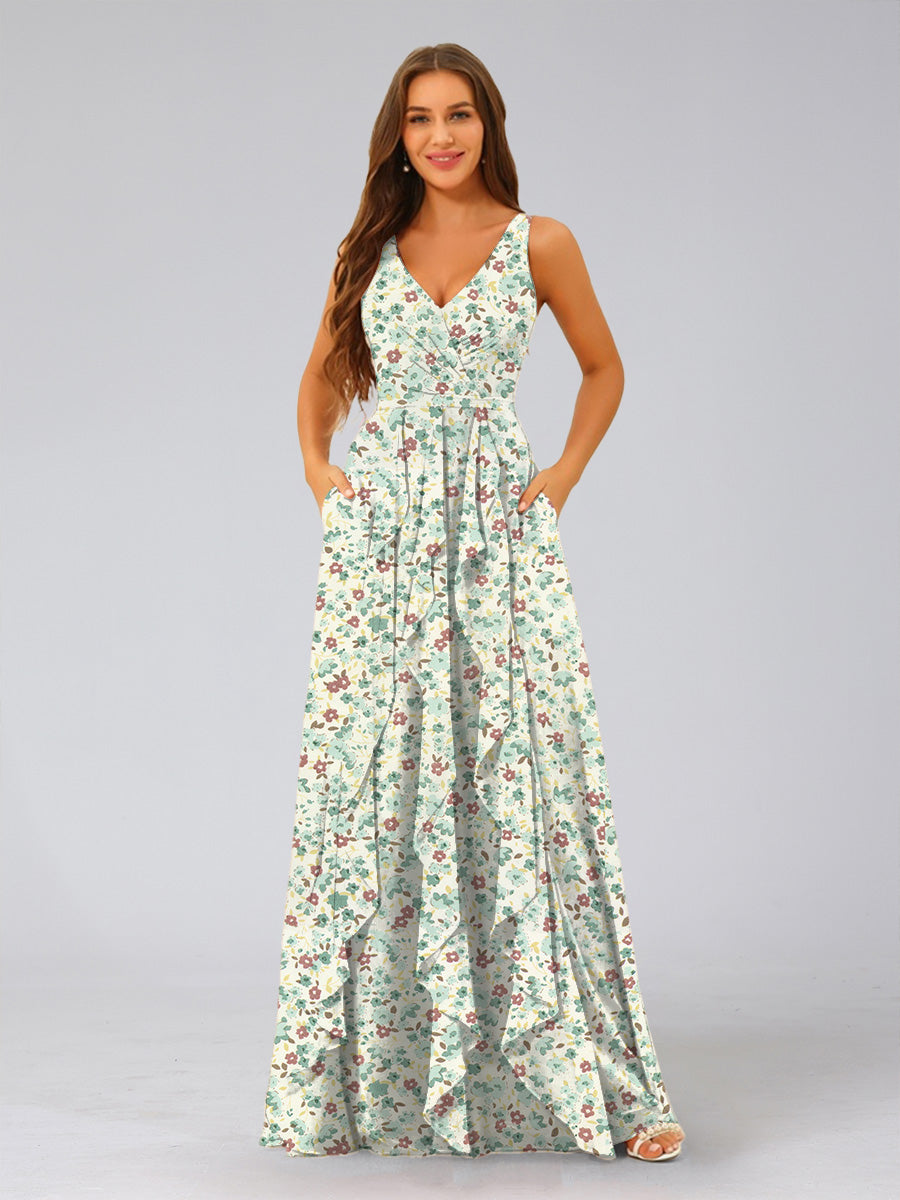 A-Line/Princess V-Neck Sleeveless Ruffles Floral Bridesmaid Dresses Green