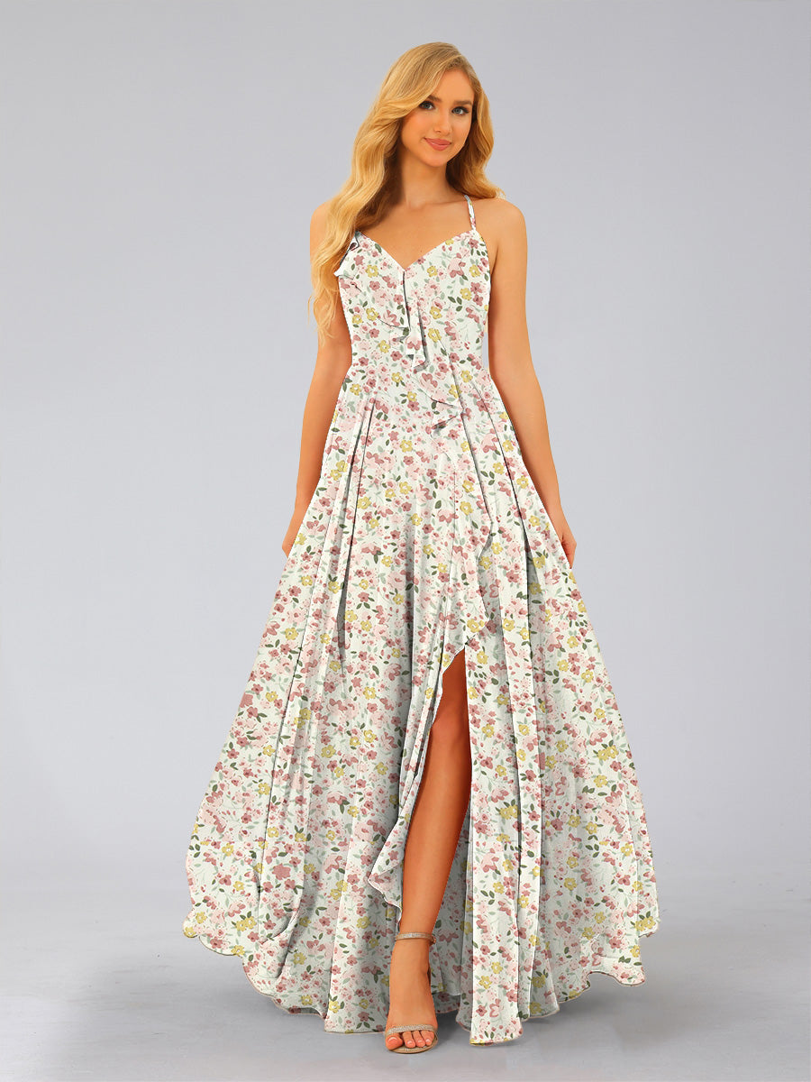 A-Line/Princess V-Neck Sleeveless Split Side Floral Bridesmaid Dresses Pink