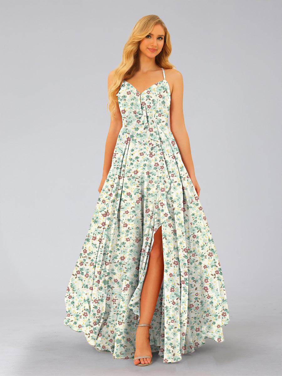 A-Line/Princess V-Neck Sleeveless Split Side Floral Bridesmaid Dresses Green