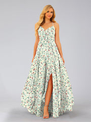 A-Line/Princess V-Neck Sleeveless Split Side Floral Bridesmaid Dresses Green