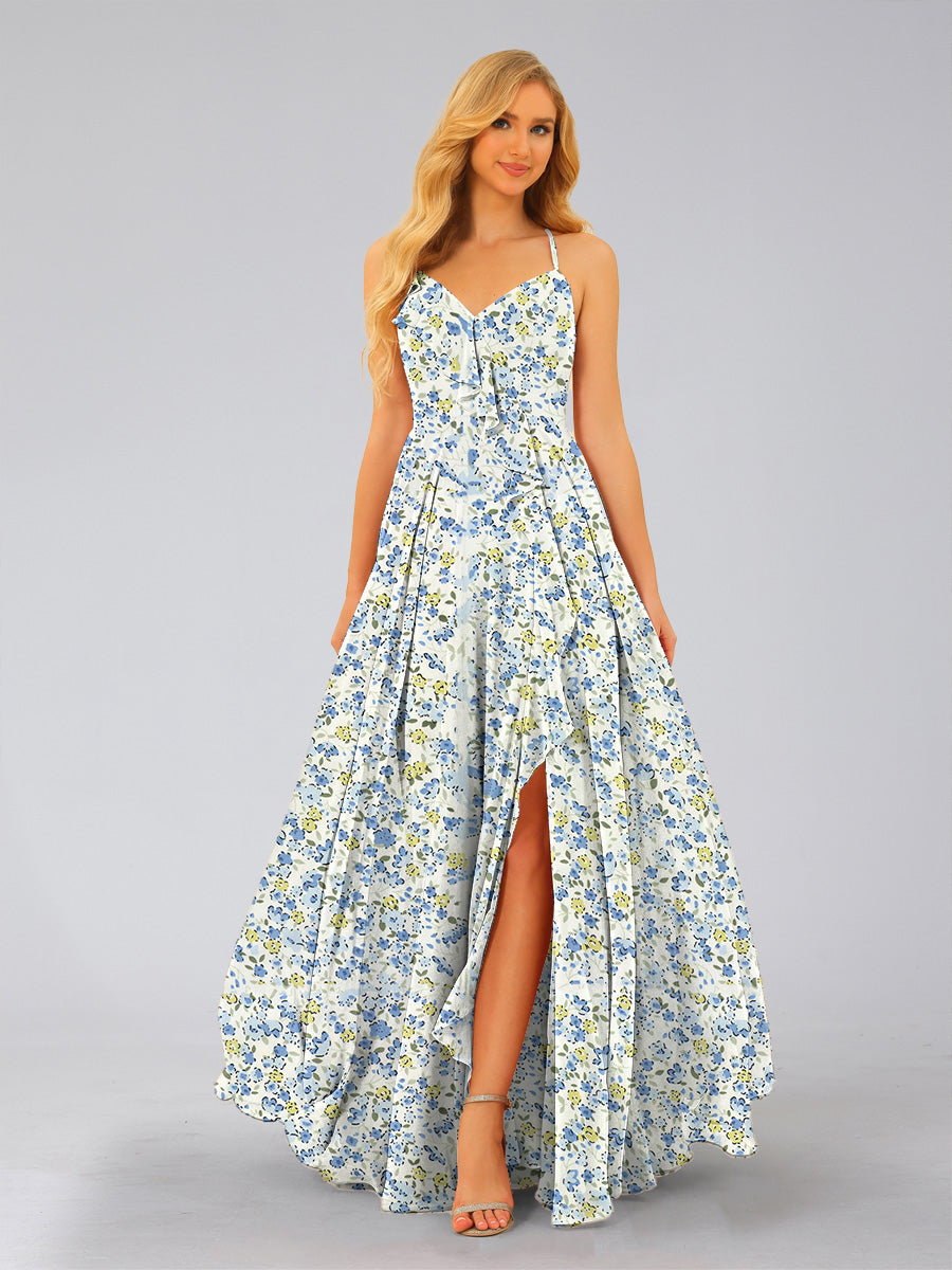 A-Line/Princess V-Neck Sleeveless Split Side Floral Bridesmaid Dresses Blue