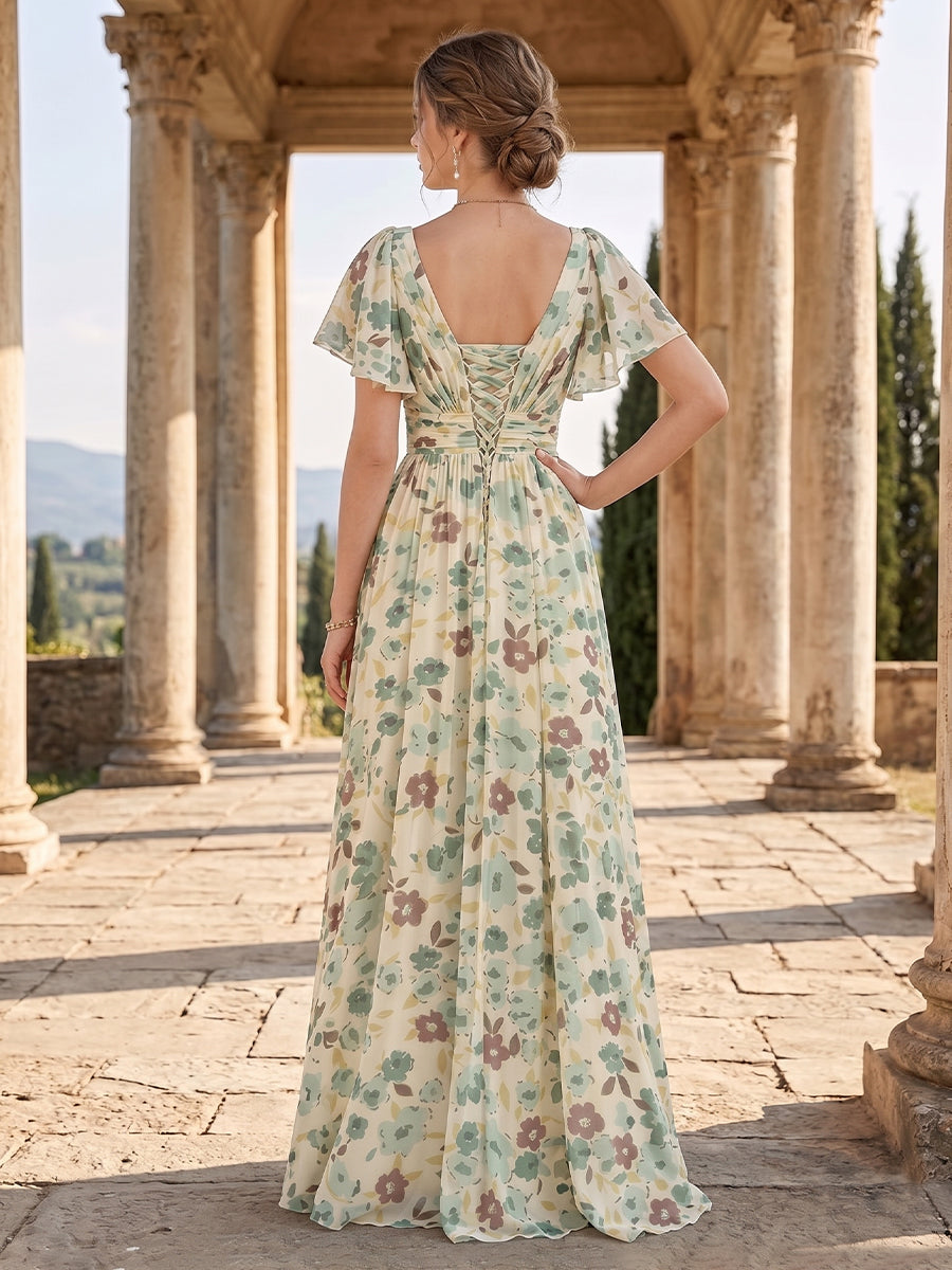 A-Line/Princess V-Neck Short Sleeves Split Side Floral Bridesmaid Dresses