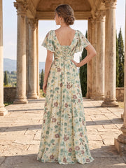 A-Line/Princess V-Neck Short Sleeves Split Side Floral Bridesmaid Dresses