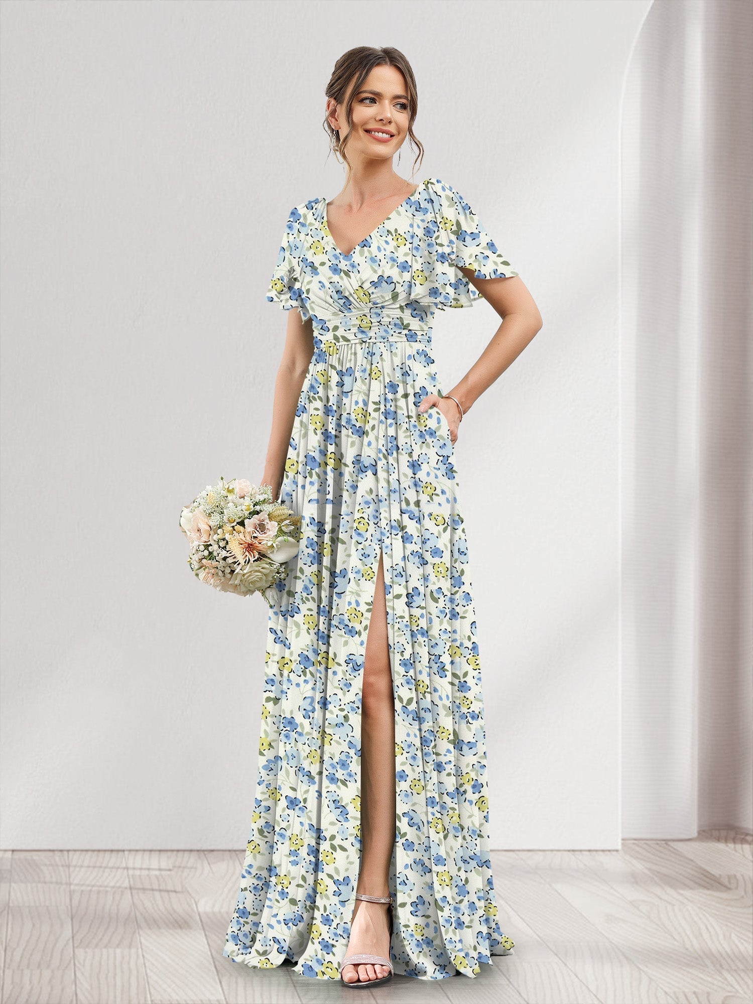 A-Line/Princess V-Neck Short Sleeves Split Side Floral Bridesmaid Dresses Blue