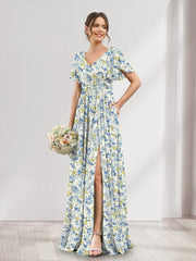 A-Line/Princess V-Neck Short Sleeves Split Side Floral Bridesmaid Dresses Blue