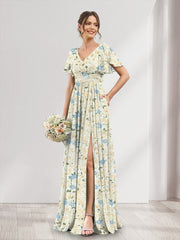 A-Line/Princess V-Neck Short Sleeves Split Side Floral Bridesmaid Dresses Yellow
