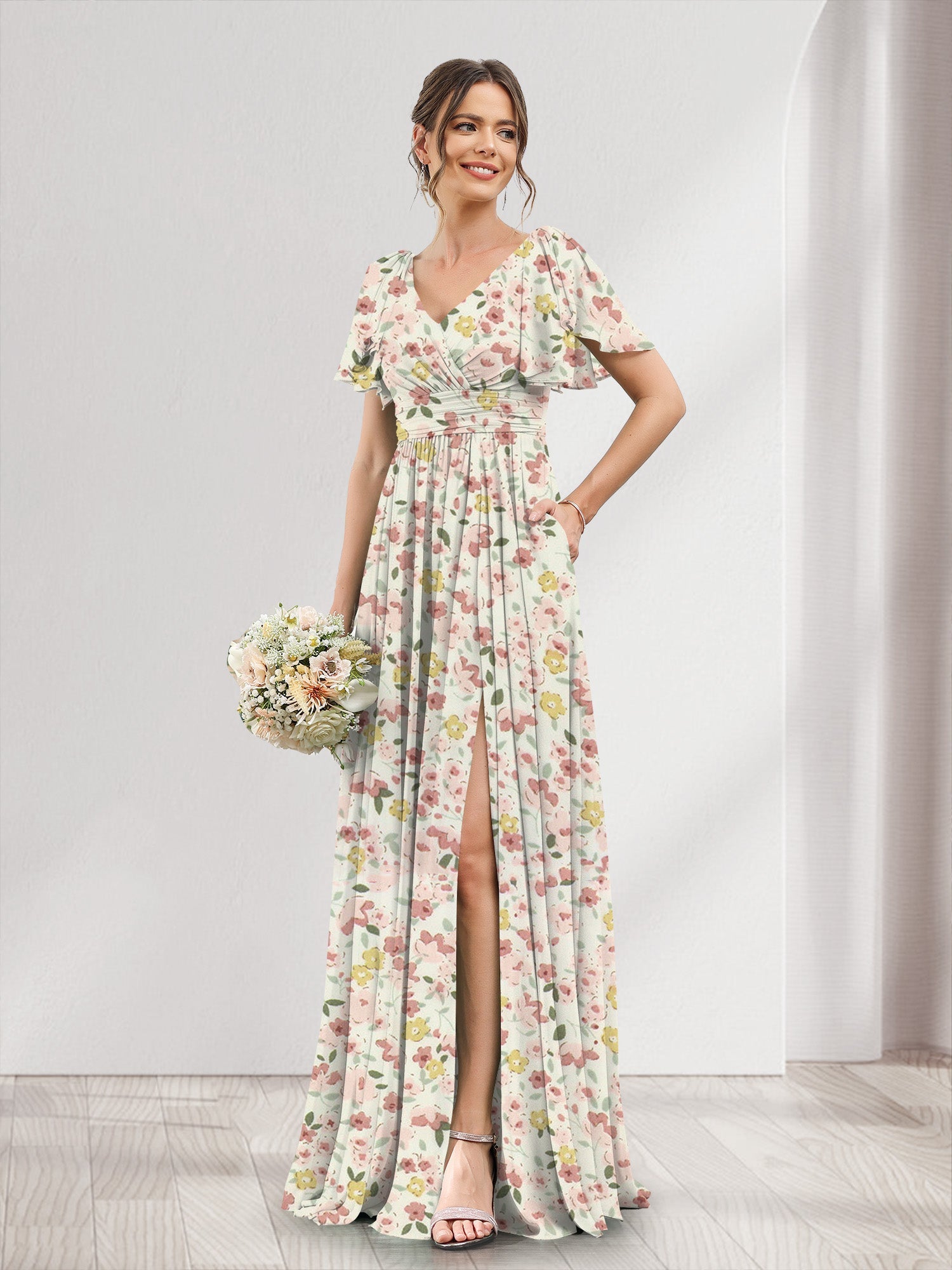 A-Line/Princess V-Neck Short Sleeves Split Side Floral Bridesmaid Dresses Pink