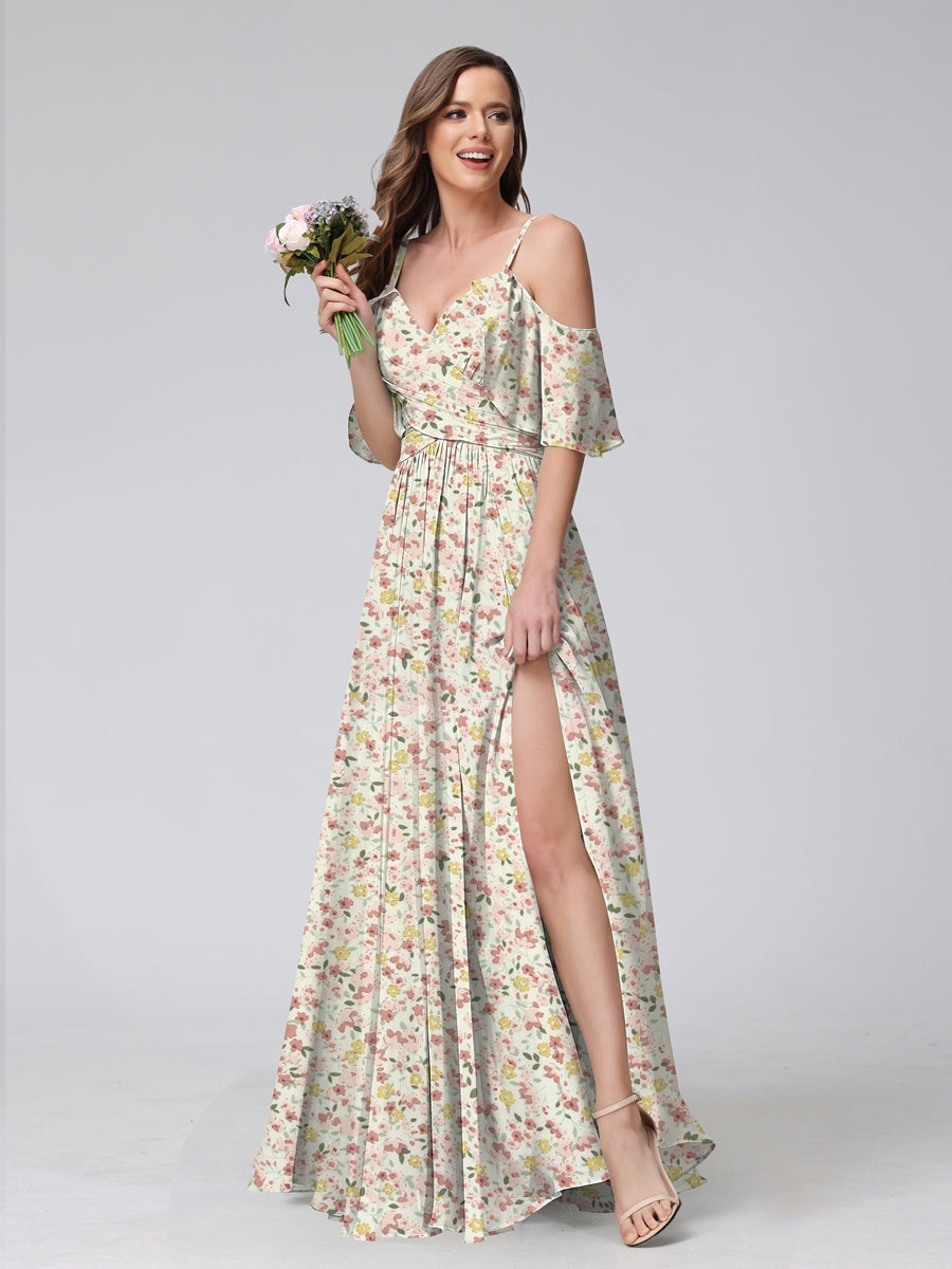 A-Line/Princess Cold Shoulder Short Sleeves Ruched Floral Bridesmaid Dresses Pink