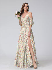 A-Line/Princess Cold Shoulder Short Sleeves Ruched Floral Bridesmaid Dresses Pink
