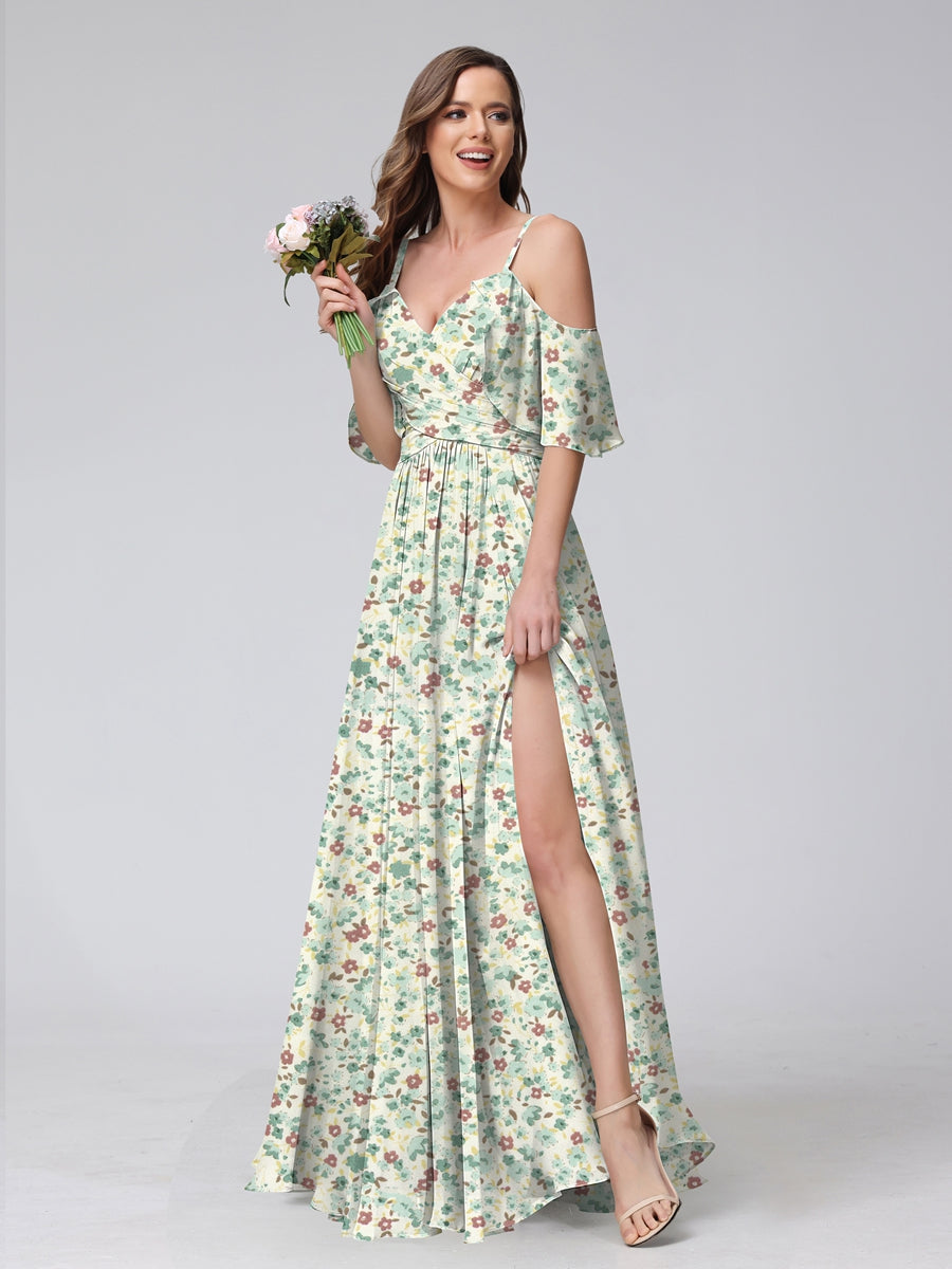 A-Line/Princess Cold Shoulder Short Sleeves Ruched Floral Bridesmaid Dresses Green