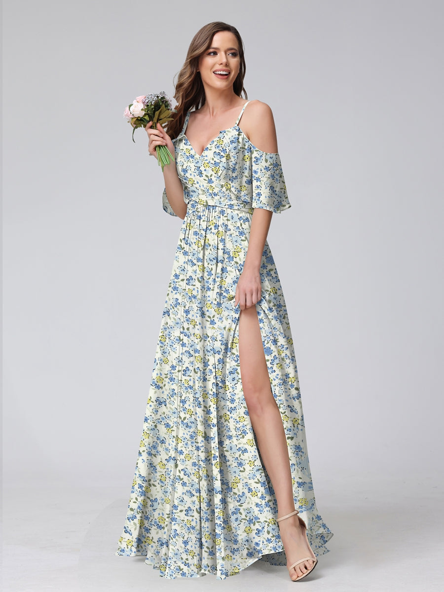 A-Line/Princess Cold Shoulder Short Sleeves Ruched Floral Bridesmaid Dresses Blue