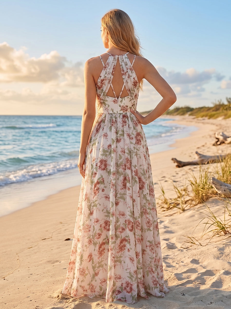 A-Line/Princess V-Neck Long Floral Bridesmaid Dresses with Ruched