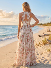 A-Line/Princess V-Neck Long Floral Bridesmaid Dresses with Ruched