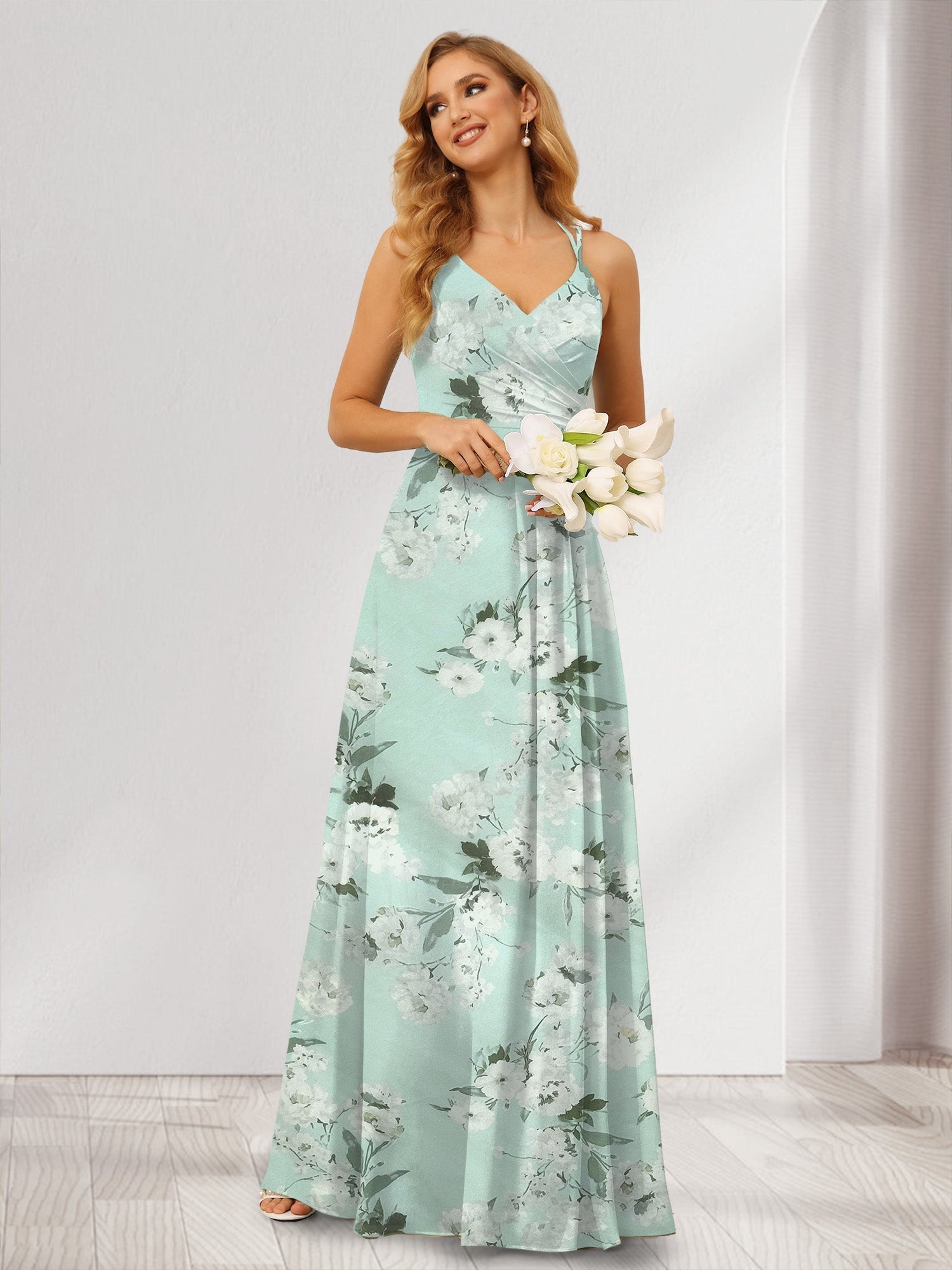 A-Line/Princess V-Neck Long Floral Bridesmaid Dresses with Ruched Green Floral