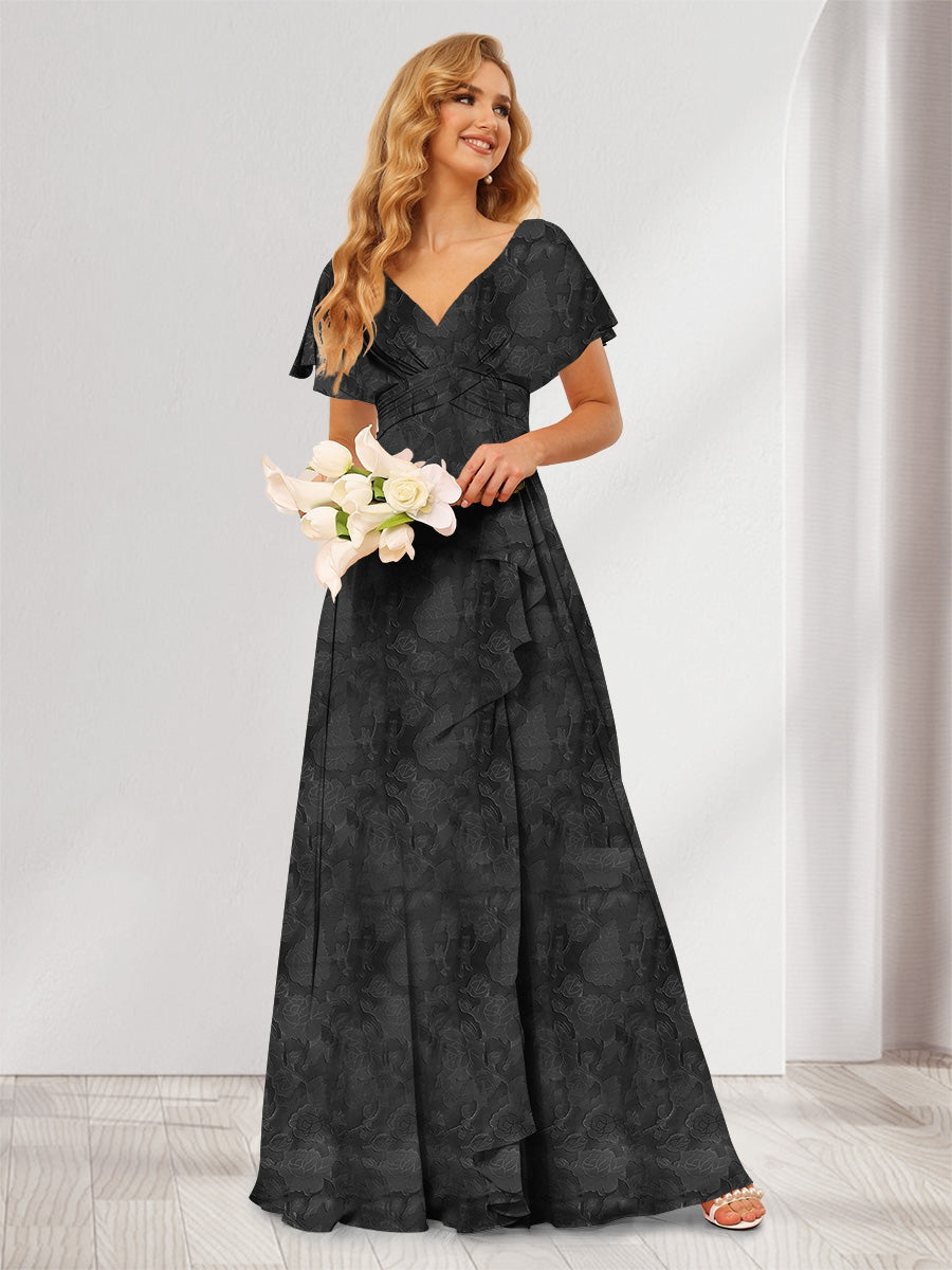 A-Line/Princess V-Neck Long Floral Bridesmaid Dresses with Ruffles Black