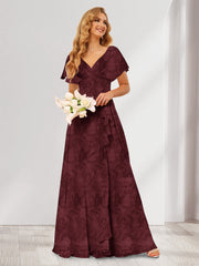 A-Line/Princess V-Neck Long Floral Bridesmaid Dresses with Ruffles Burgundy