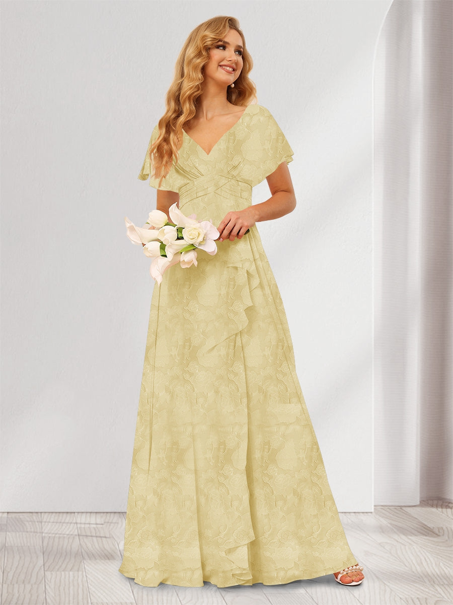 A-Line/Princess V-Neck Long Floral Bridesmaid Dresses with Ruffles Champagne