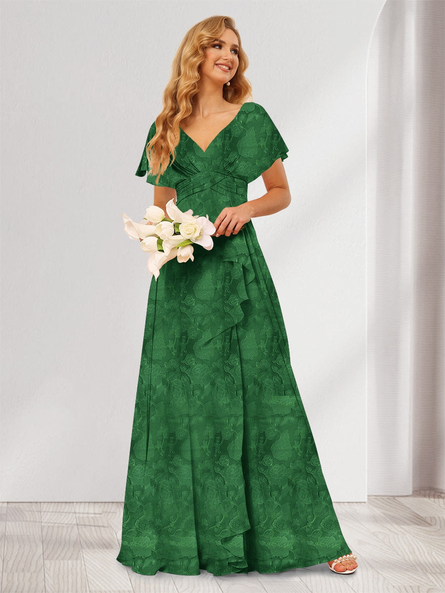 A-Line/Princess V-Neck Long Floral Bridesmaid Dresses with Ruffles Dark Green
