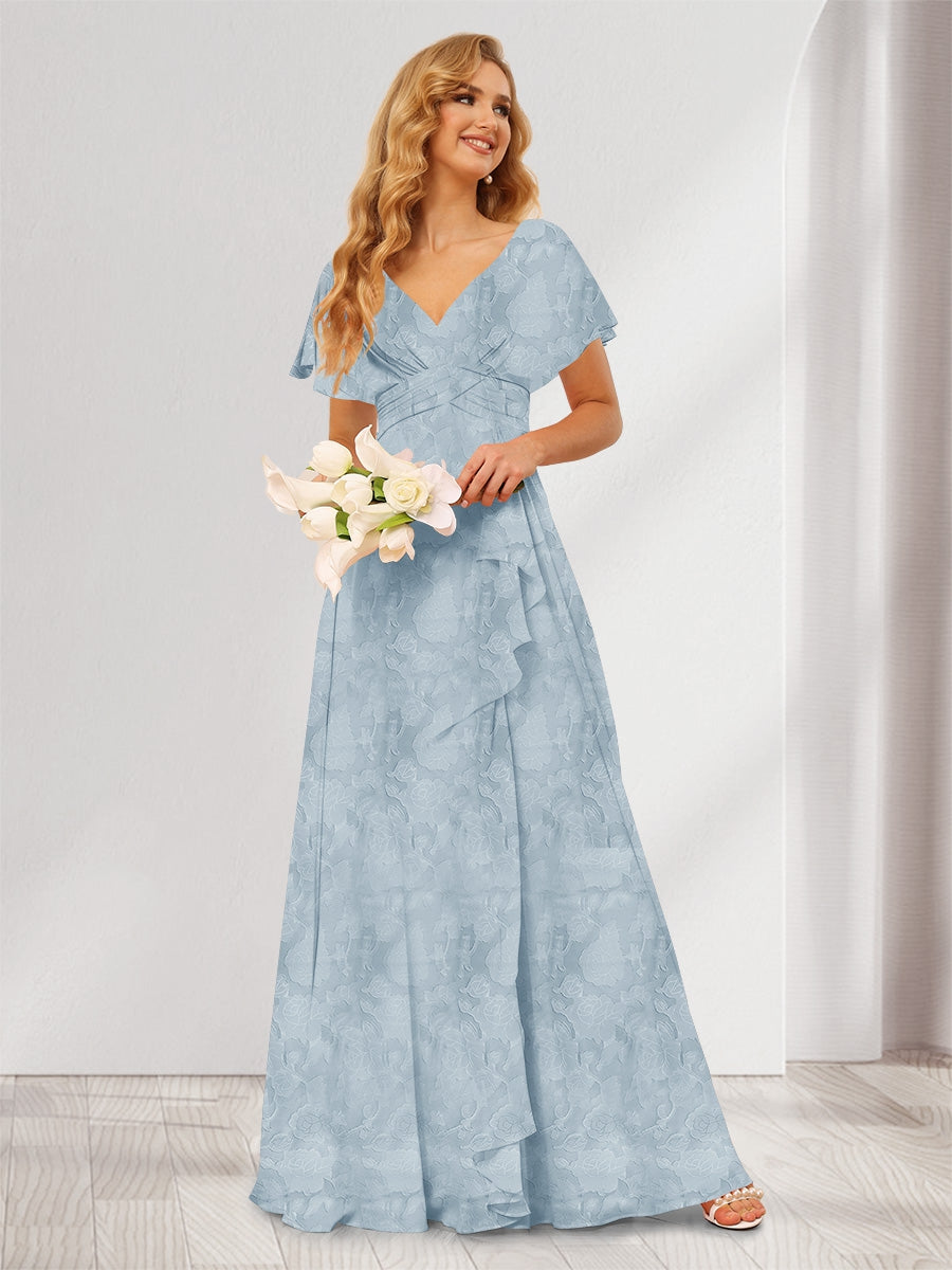 A-Line/Princess V-Neck Long Floral Bridesmaid Dresses with Ruffles Dusty Blue