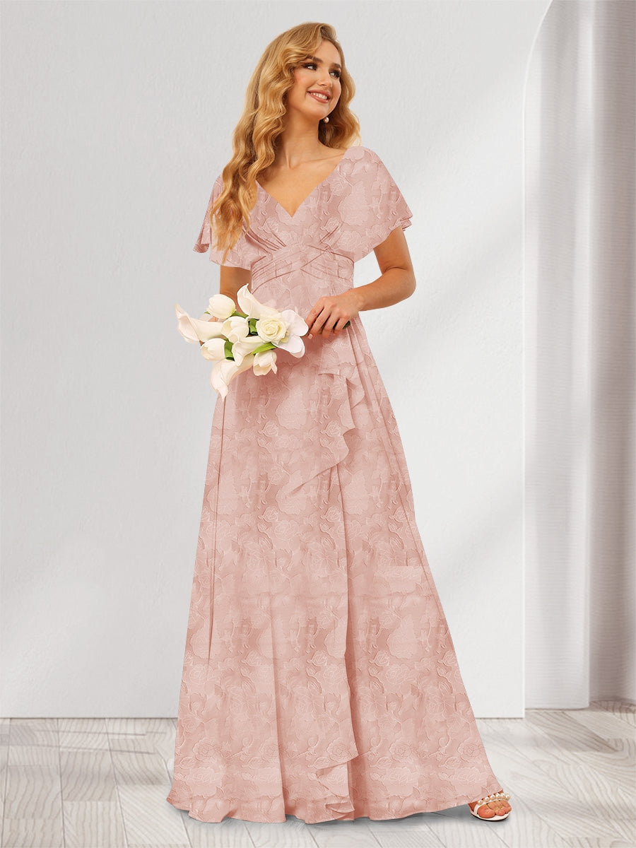 A-Line/Princess V-Neck Long Floral Bridesmaid Dresses with Ruffles Dusty Rose