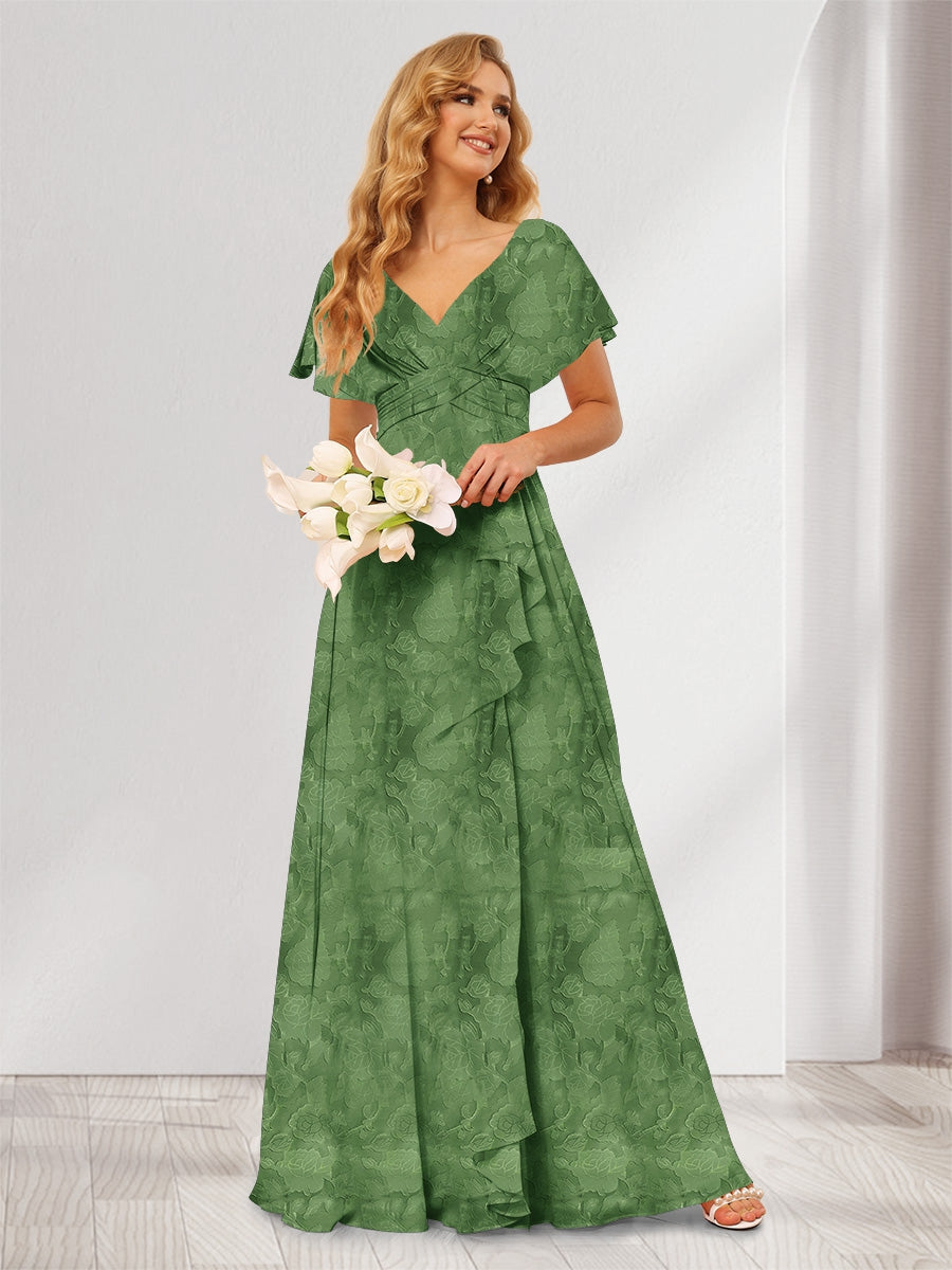 A-Line/Princess V-Neck Long Floral Bridesmaid Dresses with Ruffles Eucalyptus