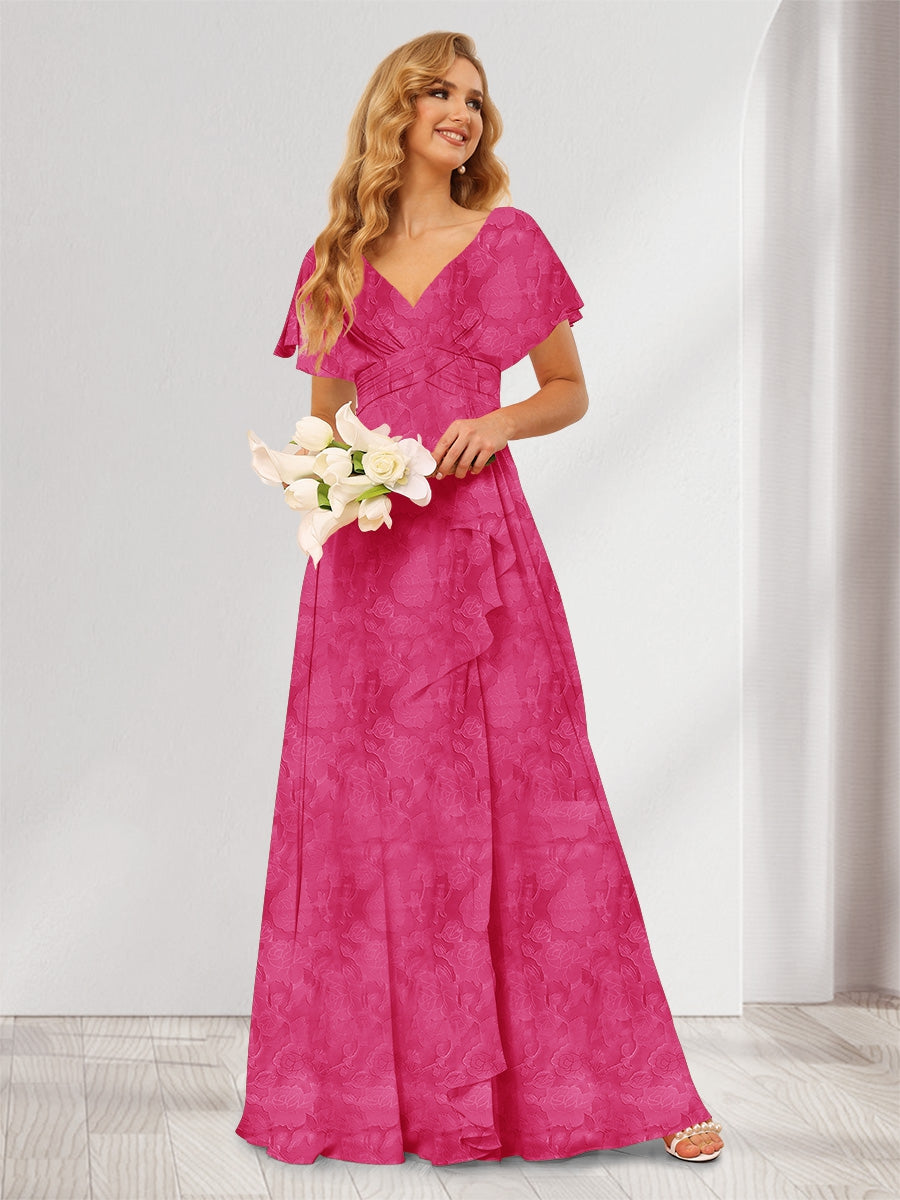 A-Line/Princess V-Neck Long Floral Bridesmaid Dresses with Ruffles Fuchsia Pink