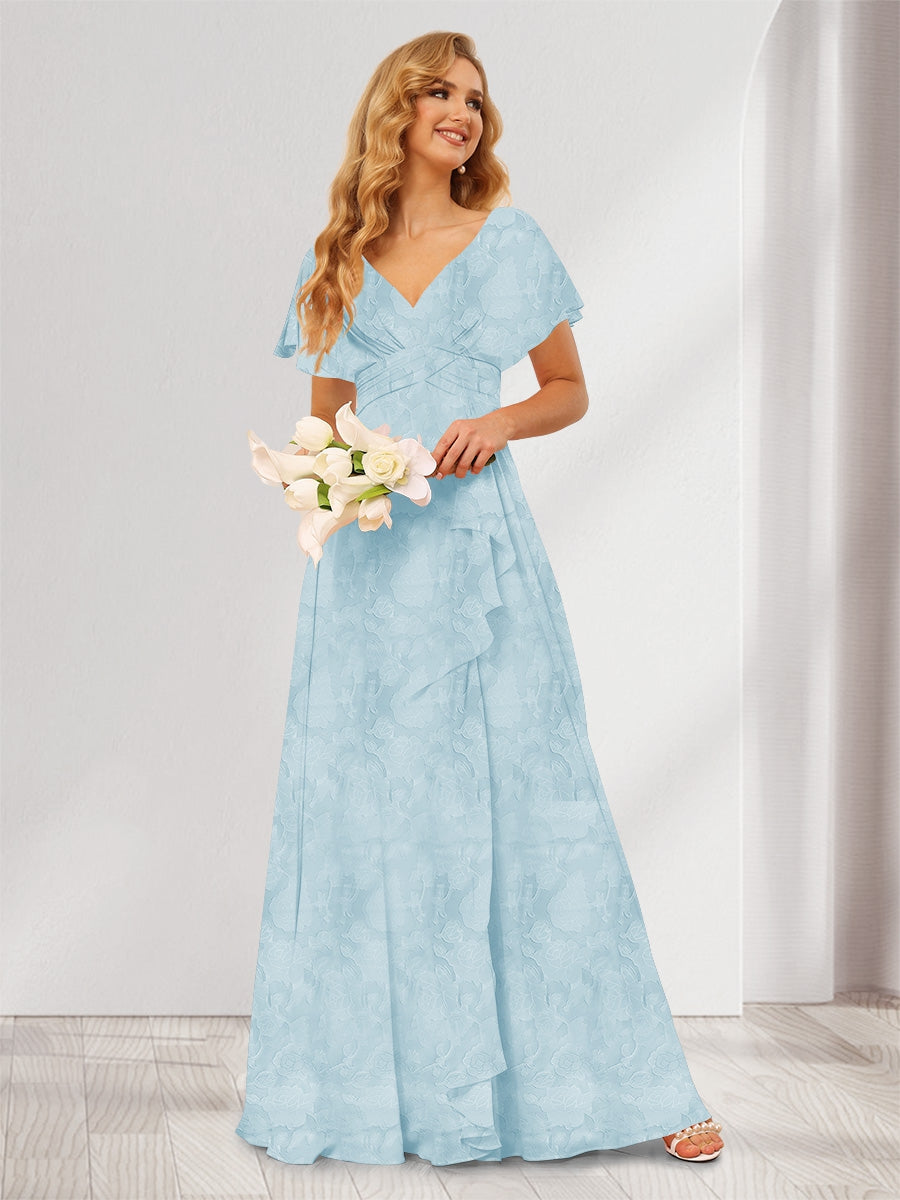A-Line/Princess V-Neck Long Floral Bridesmaid Dresses with Ruffles Light Blue