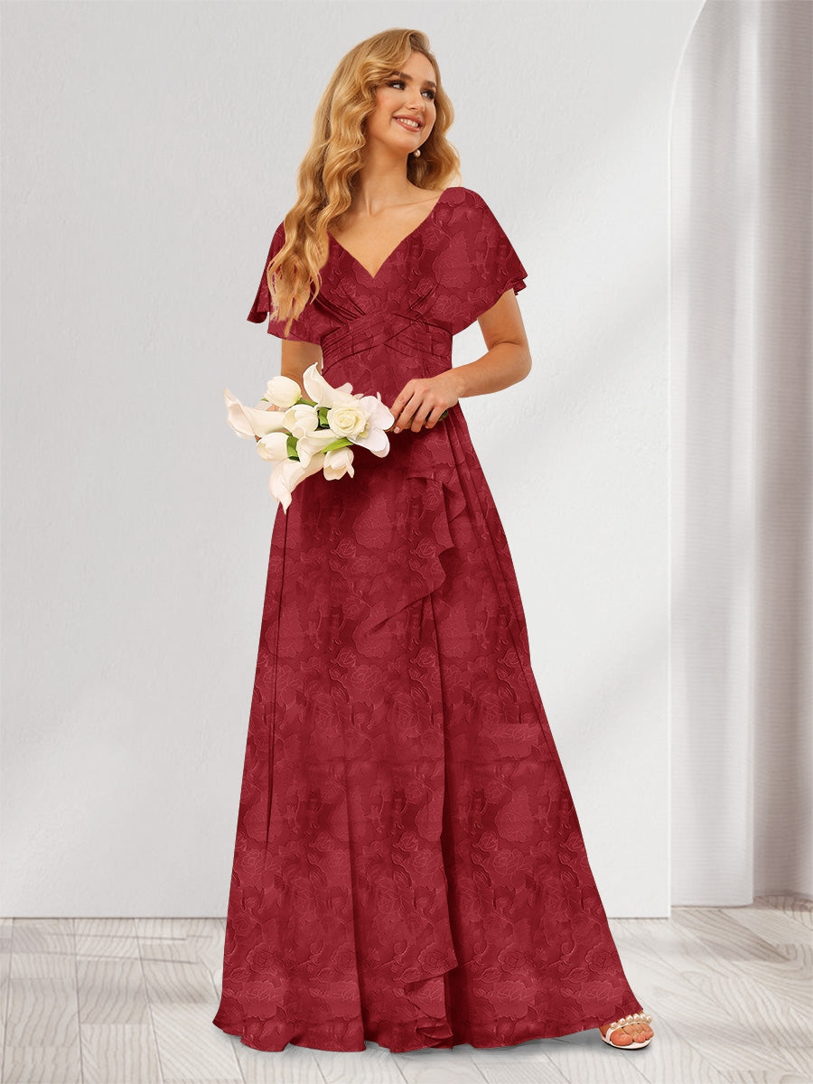 A-Line/Princess V-Neck Long Floral Bridesmaid Dresses with Ruffles Light Burgundy