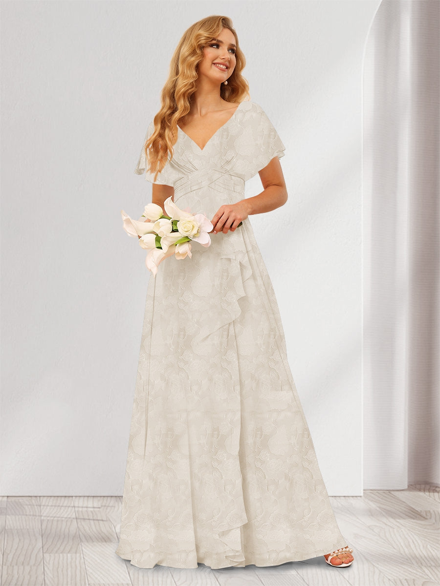 A-Line/Princess V-Neck Long Floral Bridesmaid Dresses with Ruffles Light Champagne