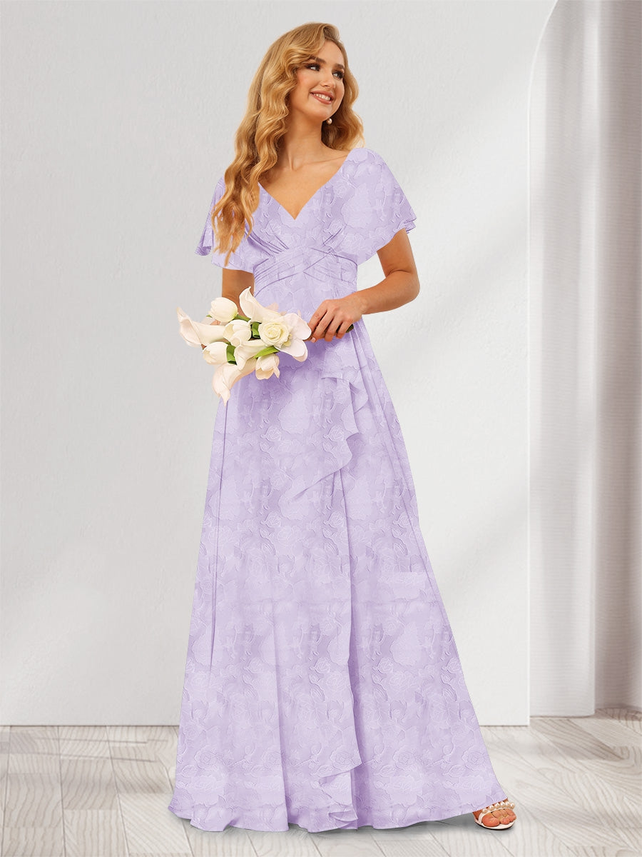 A-Line/Princess V-Neck Long Floral Bridesmaid Dresses with Ruffles Lilac