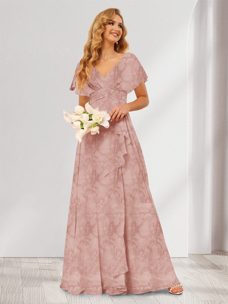 A-Line/Princess V-Neck Long Floral Bridesmaid Dresses with Ruffles Mauve