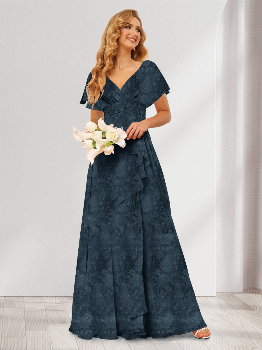 A-Line/Princess V-Neck Long Floral Bridesmaid Dresses with Ruffles Navy Blue