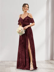 A-Line V-Neck Spaghetti Straps Floral Bridesmaid Dresses with Pockets Burgundy